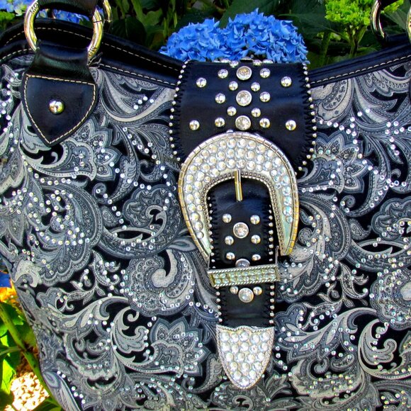 WESTERN BAG, BLING BUCKLE, SPARKLY RODEO RANCH COWGIRL HANDBAG, MOUNTAIN WEST - Picture 4 of 14